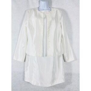 Danillo 2PC Dress Suit Women's 14 White Blazer Open  Long Sleeves Beaded Shiny